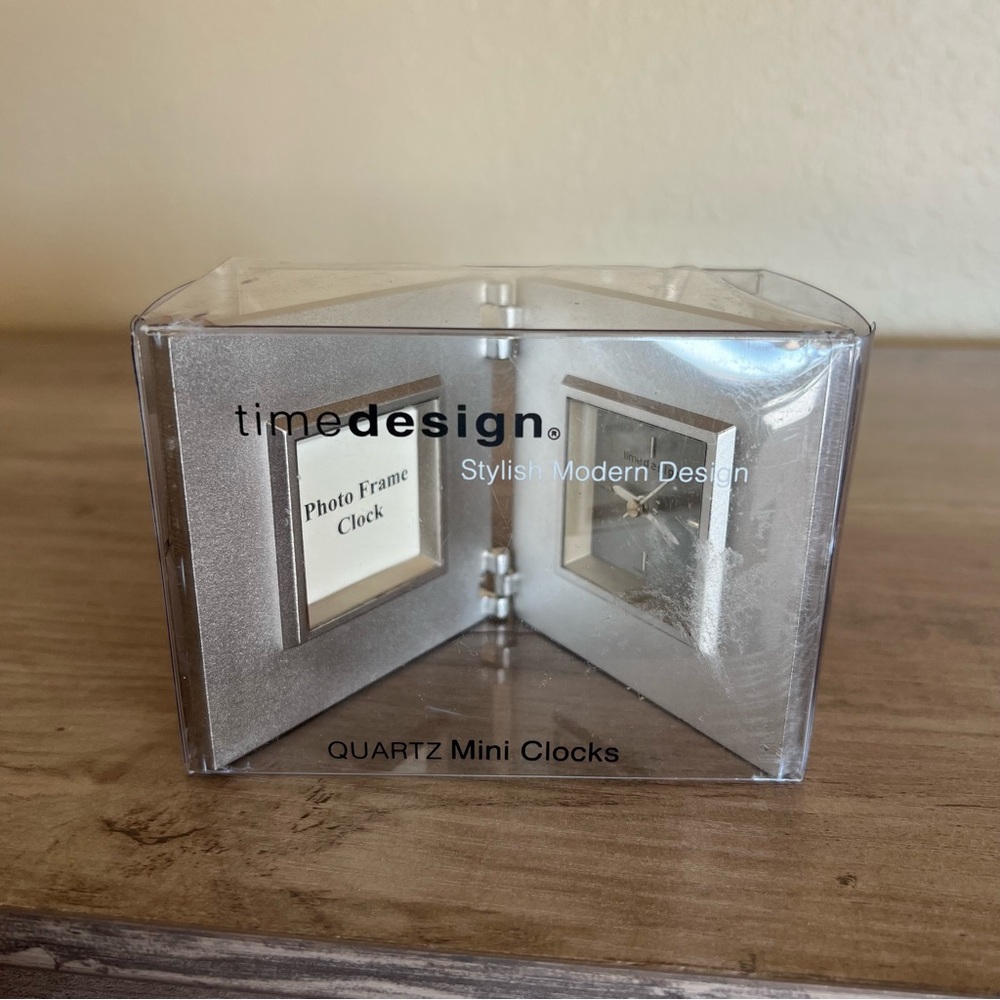 Timedesign Modern Quartz Mini Clock Desk Photo Frame Silver Tone New In Package